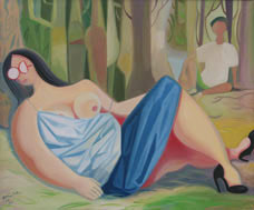 Peinture à l'huile femme à la jupe bleue